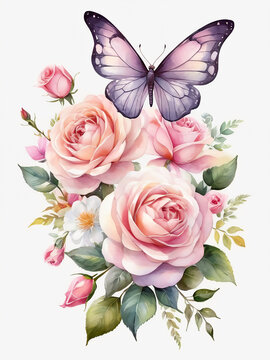 butterfly  pink roses watercolor pictures. isolated white background