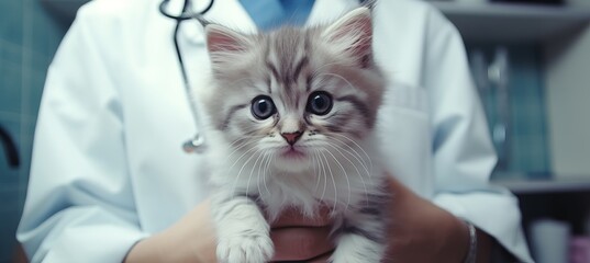 Experienced vet with grey cat in modern clinic, ample text space, ideal for creative banner.