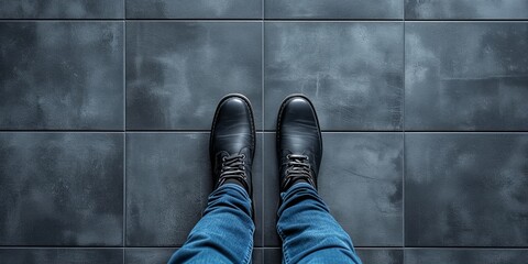 Close-up of person standing on tiled floor in black shoes and blue jeans - obrazy, fototapety, plakaty