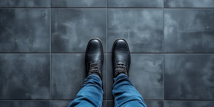 Fototapeta Close-up of person standing on tiled floor in black shoes and blue jeans