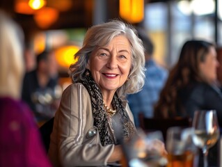 The senior Woman smiles and talks with a friend in the restaurant, Restaurant Reunion: Joyful Senior Smiles