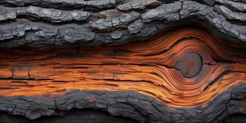 Natural wood texture with warm glowing patterns and charred edges