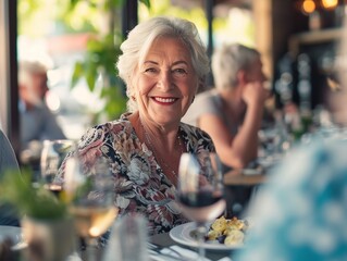The senior Woman smiles and talks with a friend in the restaurant, Restaurant Reunion: Joyful Senior Smiles