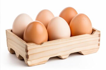 Fresh organic brown eggs in a rustic wooden box, isolated on a clean white background