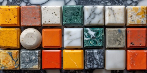 Variety of textured marble samples displayed on marble background