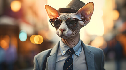 Sphynx cat breed wearing sunglasses a hat and a business suit in a busy street. Bokeh background. Close up