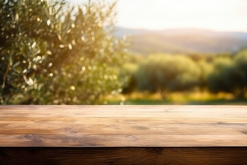 Empty wooden table on blurred natural background of olive garden. Mockup for your design, product...