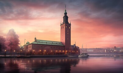 Fototapeta premium Stockholm city hall, but built in the medeival style, Photorealism, extreme detail, dusk, pink skies. Generative Ai