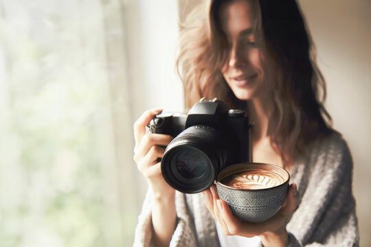 The image of a girl in the rays of the morning sun, standing by the window with a camera in her hands and a cup of aromatic cappuccino, she smiles and enjoys a creative day.