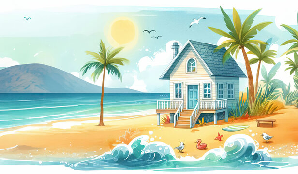 Illustration of a wooden cottage with a blue tile roof on the seashore. Palm trees grow and birds fly around the house