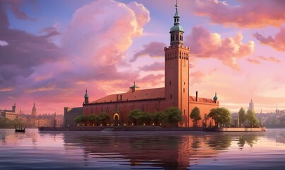 Stockholm city hall, but built in the medeival style, Photorealism, extreme detail, dusk, pink...