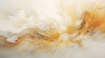 A mesmerizing fusion of white and golden hues, swirling and blending to form an abstract liquid symphony of pure elegance against a sparkling background. - obrazy, fototapety, plakaty