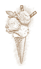 Ice cream in a waffle cone by hand drawn