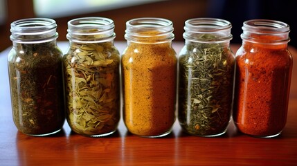 Kitchen spices in jars with various natural herbal flavors photo image.