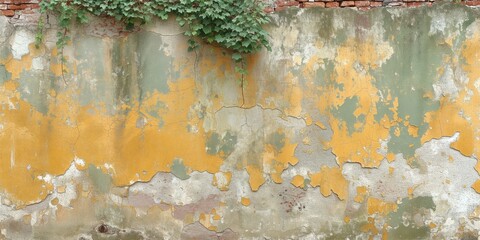 Aged wall with peeling yellow paint and ivy overgrowth texture