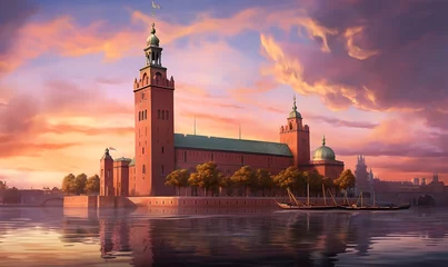 Foto auf Glas Stockholm city hall, but built in the medeival style, Photorealism, extreme detail, dusk, pink skies. Generative Ai   © Handz