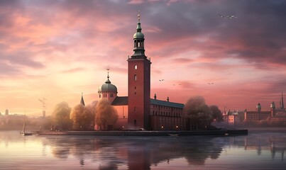 Fototapeta premium Stockholm city hall, but built in the medeival style, Photorealism, extreme detail, dusk, pink skies. Generative Ai