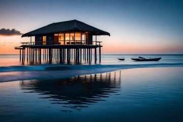 A solitary bungalow suspended above the serene ocean, its stilts creating a delicate pattern on the mirror-like water, reflecting the enchanting colors of twilight in stunning detail.
