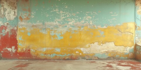 Aged peeling paint on a wall in a derelict room with retro colors