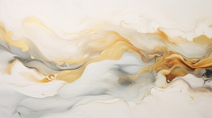 A mesmerizing fusion of white and golden hues, swirling and blending to form an abstract liquid symphony of pure elegance. - obrazy, fototapety, plakaty