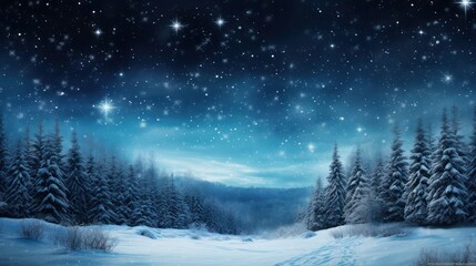 Fototapeta na wymiar Snowy mountains with spruce forest starry sky at night. photo image.