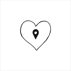 Romance, love and dating concept. Outline sign and editable stroke drawn in modern flat style. Suitable for articles, web sites etc. Vector line icon of heart inside of geolocation sign