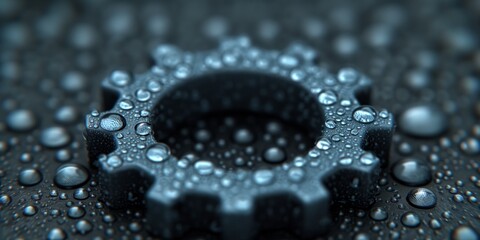 Close-up of a wet gear wheel with water droplets - industrial detail