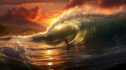 A Surfer Riding a Massive Wave at Sunset