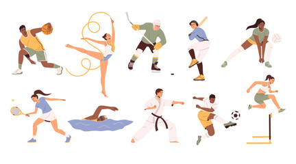 Fototapeta na wymiar Athletes set. Basketball, tennis, soccer and football, volleyball, hockey and baseball players, gymnastics, karate, hurdler runner and swimmer. Flat vector illustration isolated on white background