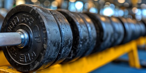 Obraz premium Close-up of weight plates on barbell in gym for fitness and strength training