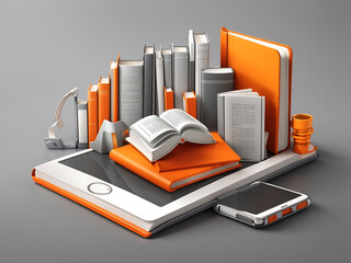 3d realistic books and mobile phones. Web poster for online library. Download books through your phone or read them using a mobile app. Colourful vector illustration in grey and orange colour.