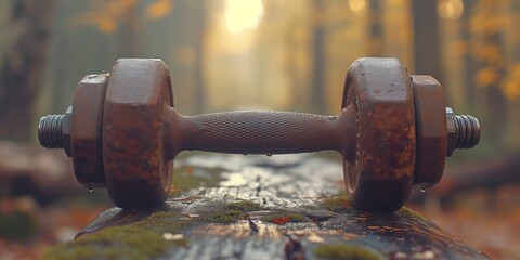 Rusty dumbbell on forest ground at sunrise - fitness in nature concept