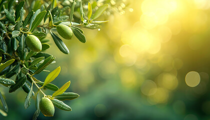 green olives on the tree with green background - obrazy, fototapety, plakaty