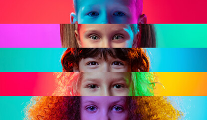 Set of children's eyes placed on narrow stripes over multicolored background in neon light. Concept of childhood, emotions, lifestyle, diversity