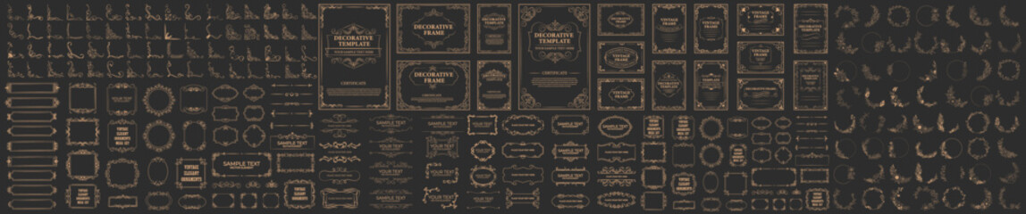 Set of gold vintage frame and corners icon. Vector illustration. © 4zevar