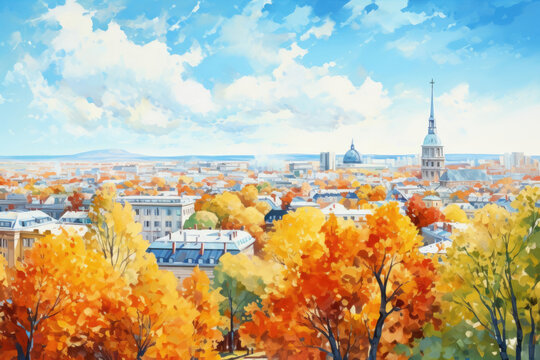 painting, autumn European city, top view. Church in the city center, trees with orange and yellow foliage.