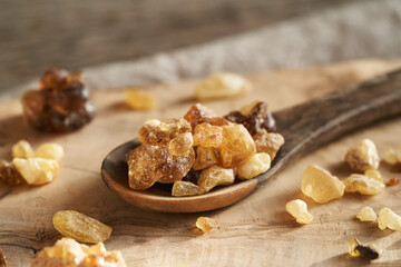 Frankincense or boswellia resin on an spoon