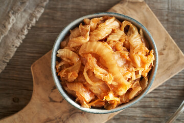 Fermented kim chi in a bowl, top view