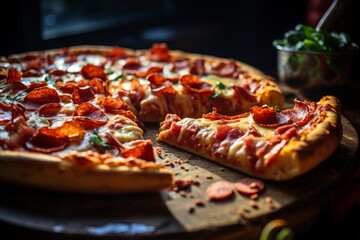 Close up of a delicious supreme pizza with a lifted slice, illuminated by bright light - obrazy, fototapety, plakaty