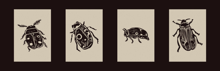 Handmade linocut bug motif clipart in folkart scandi style. Set of simple monochrome block print insect shapes with woodcut paper texture effect.