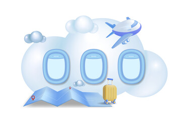 An airplane window on the background of a passing plane.
 The concept of tourism, travel, vacation. 3d vector illustration.
A place to copy.