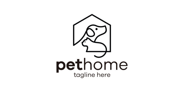 The logo design combines the shape of a house with a pet, minimalist line logo design.