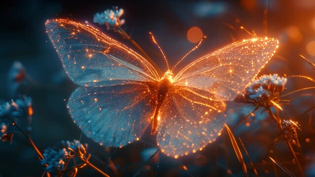 Glowing butterfly with magical sparkles moving around. The luminous butterfly flies through a neon garden with magic light. Compound background, graphic animation. 3D Animation 4K Seamless Loop. neon 