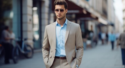 Fototapeta premium a blue suit and tan pants on the street