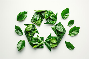 Recycle symbol made of fresh leaves on white background
