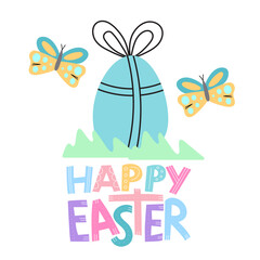 Vector square gift card with Happy easter quote in simple style. Bright and lovely colors on white background