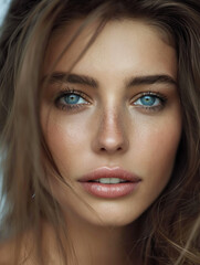 Großartiges Model Gesicht einer Frau mit wunderschönen Augen als Nahaufnahme, ai generativ