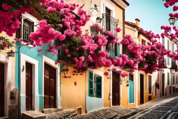 A traditional Portuguese street filled with charming pastel-colored houses and blooming bougainvillea.
