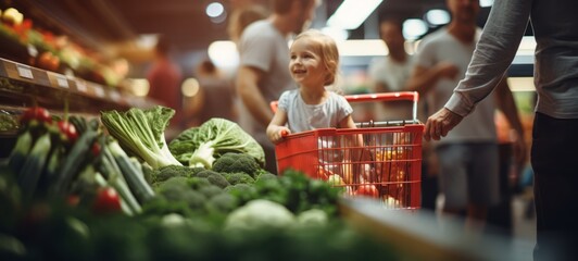 People in supermarket buy vegetables from window: shallots, broccoli. Grocery shopping, close-up of vegetables and smiling child in trolley. Horizontal banking for web. Photo AI Generated - obrazy, fototapety, plakaty