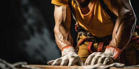 A close-up of a climber chalking up their hands before a climb, with ropes and climbing gear in the background created with Generative Ai